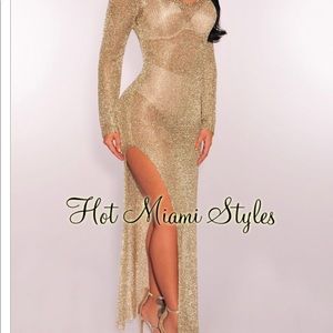 Gold Metallic Sheer Net Slit Long Sleeves